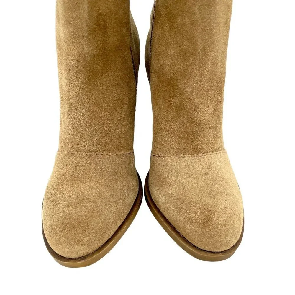 Lucky Brand Boots Suede Embroidered Ankle Boots Tan Heel Leather SZ 6 New